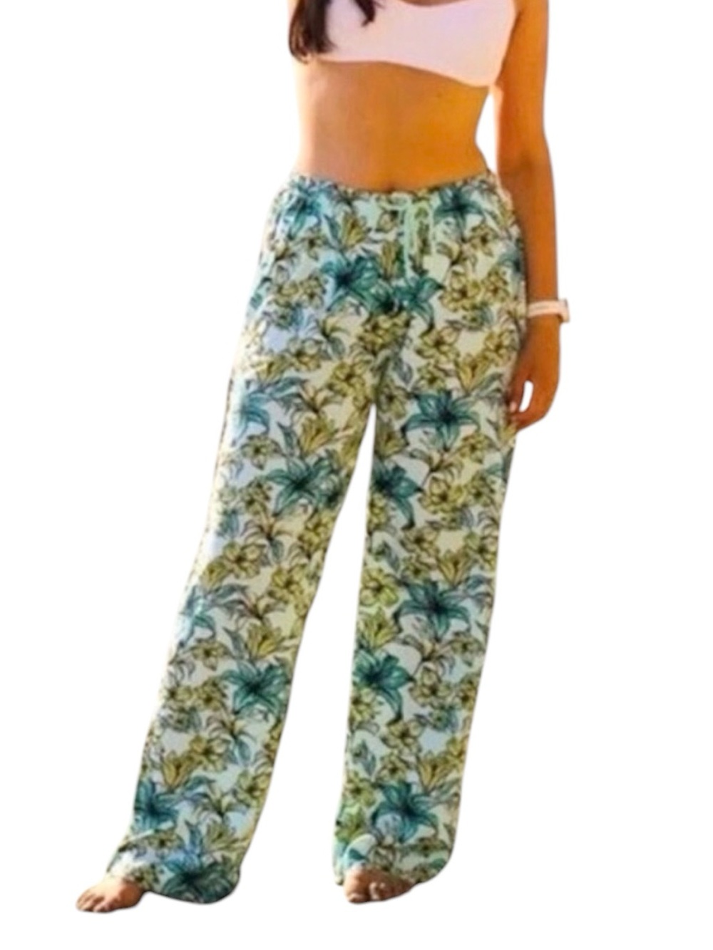 Beach Riot Tropical Floral Wide-Leg Pants XL Blue Green Light Beach Lounge